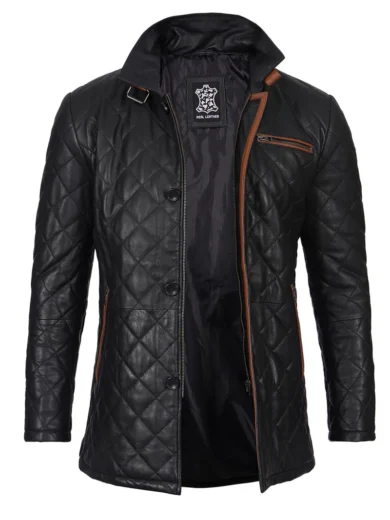 Glen Mens Black Real Leather Car Coat | Quilted Pattern