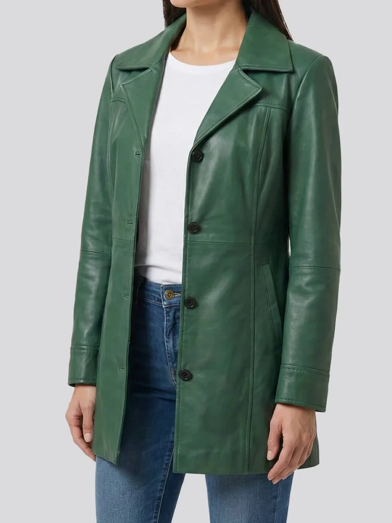 Kandis Women's Green Real Leather Car Coat