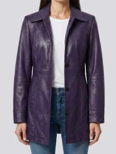 Women's 3/4 Length Purple Leather Car Coat