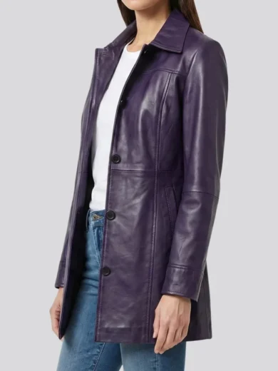 Women's 3/4 Length Purple Leather Car Coat
