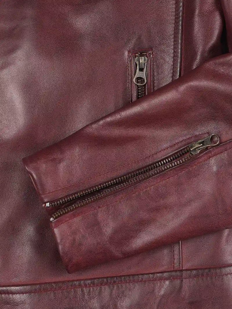 Mens Burgundy Cafe Racer Style Leather Jacket