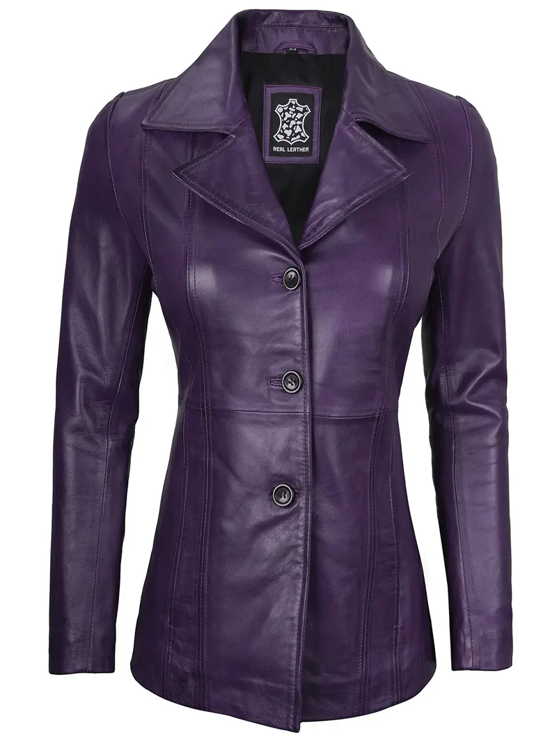 Purple Real Leather Blazer For Womens