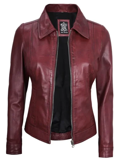 Women's Burgundy Harrington Real Leather Jacket
