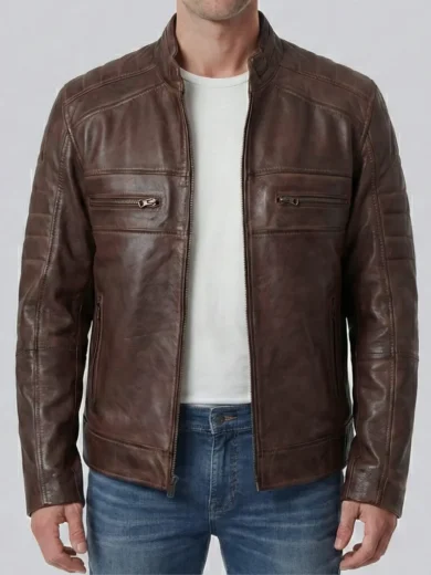 Men's Distressed Coffee Brown Cafe Racer Style Leather Jacket