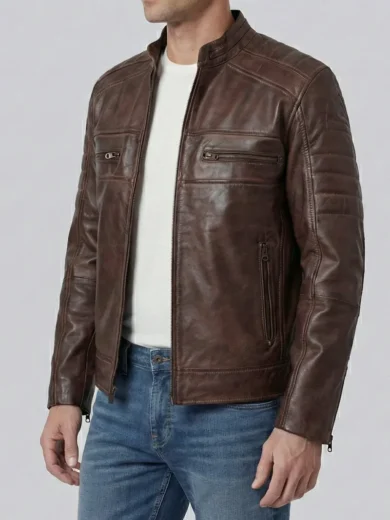 Men's Distressed Coffee Brown Cafe Racer Style Leather Jacket