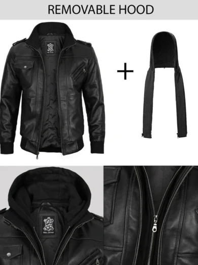 Edinburgh Mens Black Bomber Leather Jacket With Removable Hood
