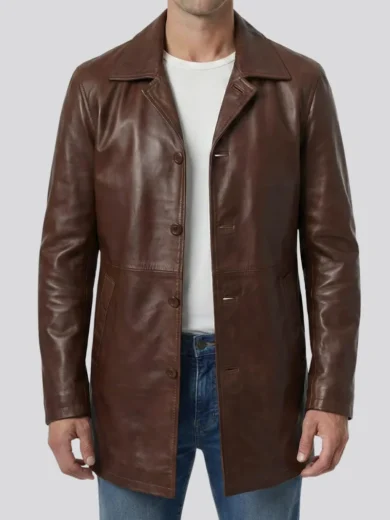 Mens Tan Brown 3/4 Length Real Lambskin Leather Coat