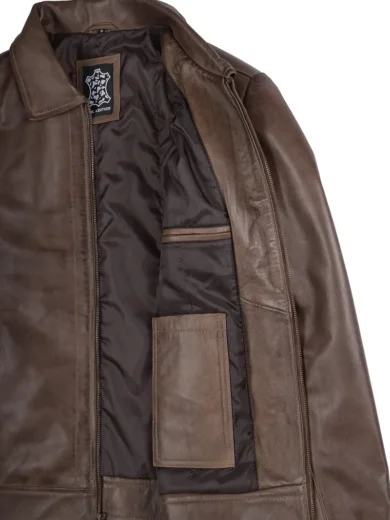 Men's Harrington Style Chocolate Brown Leather Jacket | Shirt Collar