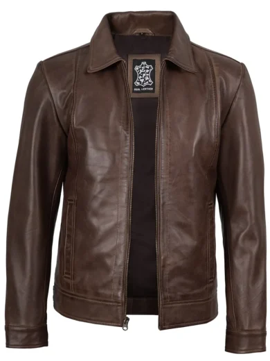 Men's Harrington Style Chocolate Brown Leather Jacket | Shirt Collar