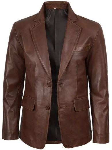 Men's Two Button Cognac Wax Real Leather Blazer