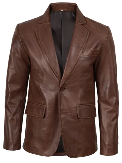 Men's Two Button Cognac Wax Real Leather Blazer