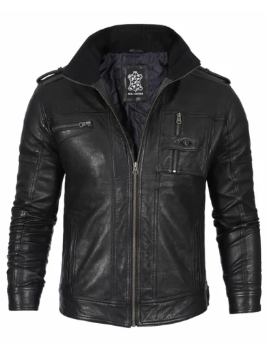 Mens Black Waxed Cafe Racer Style Leather Jacket
