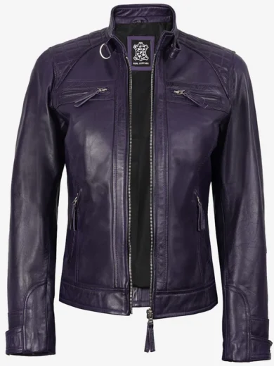 Johnson Women's Purple Quilted Cafe Racer Style Leather Jacket