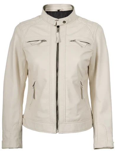 Johnson Women Quilted Off White Cafe Racer Leather Jacket