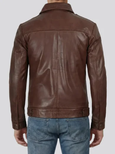 Mens Cognac Brown Harrington Style Leather Jacket