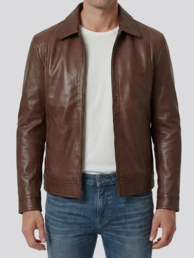 Mens Cognac Brown Harrington Style Leather Jacket