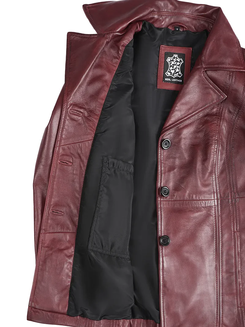 Women's Real Leather Burgundy Blazer with Three Button