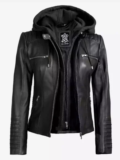 Women's Black Leather Jacket With Removable Hood