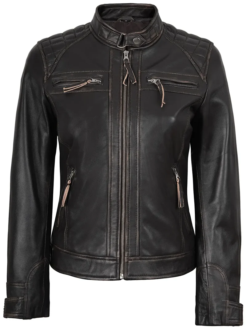 Diamond Women Rub Off Brown Leather Jacket