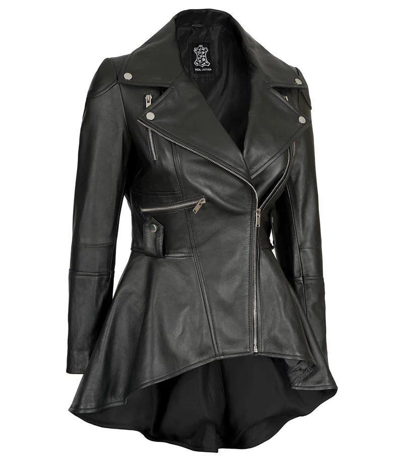 Women’s Asymmetrical Black Leather Jacket | Peplum Style