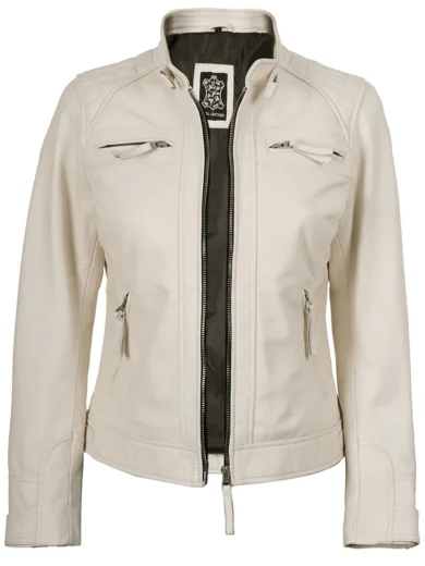 Johnson Women Quilted Off White Cafe Racer Leather Jacket