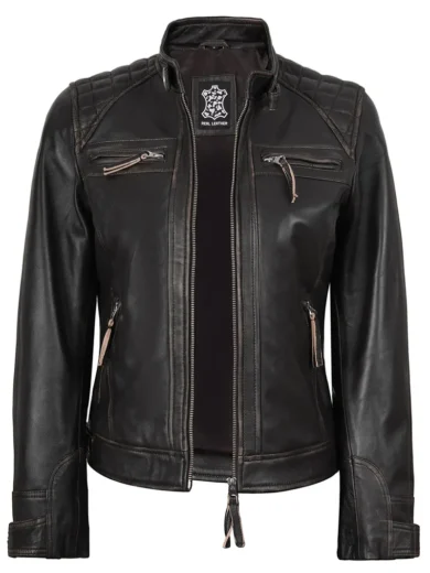 Diamond Women Rub Off Brown Leather Jacket