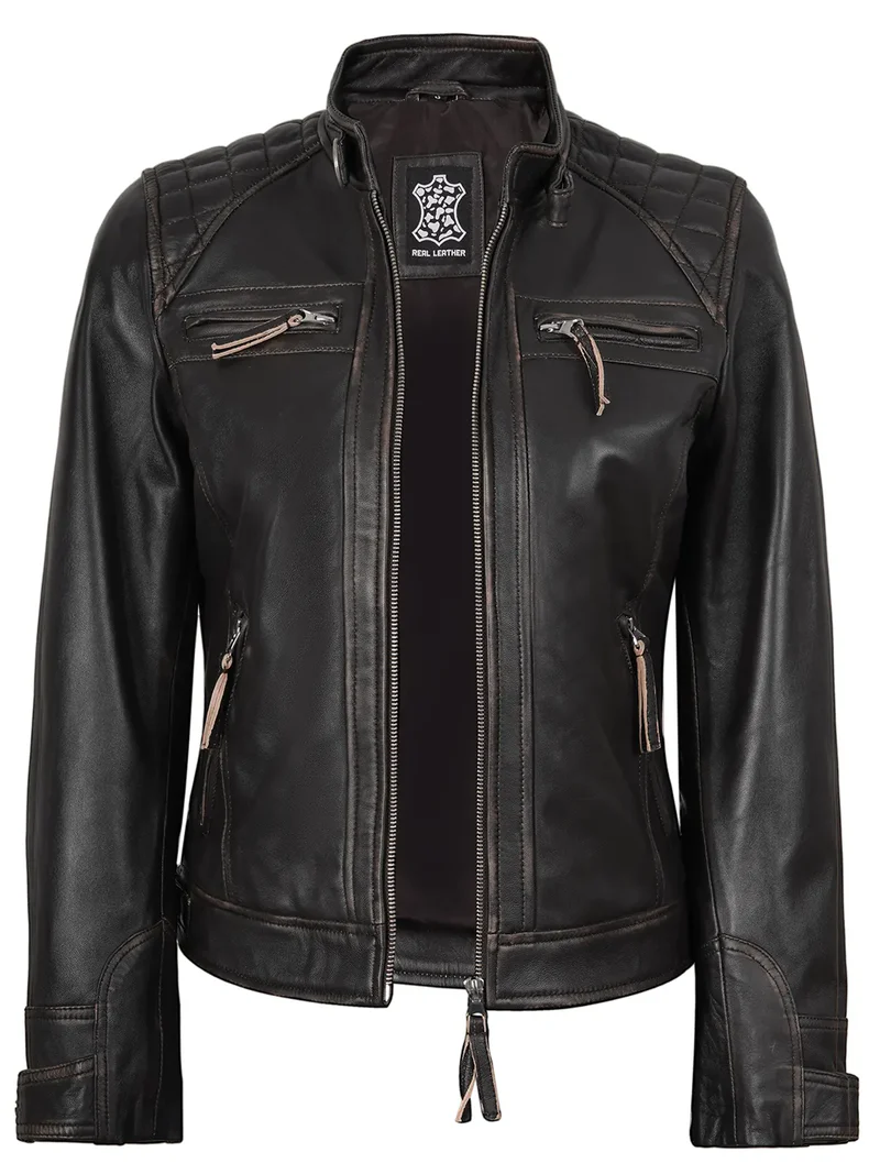 Diamond Women Rub Off Brown Leather Jacket