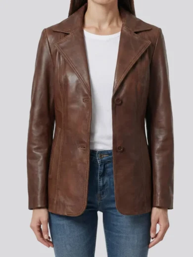 Women's Cognac Two Button Real Leather Blazer