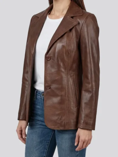 Women's Cognac Two Button Real Leather Blazer