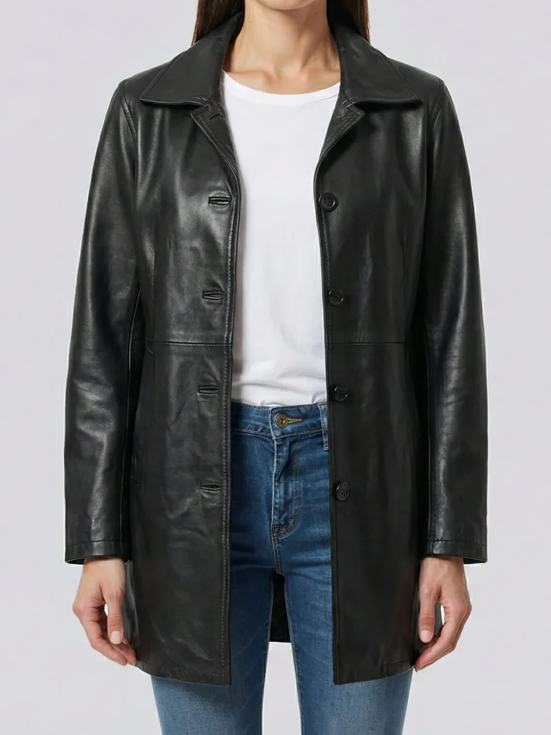 Women’s Black 3/4 Length Lambskin Leather Car Coat