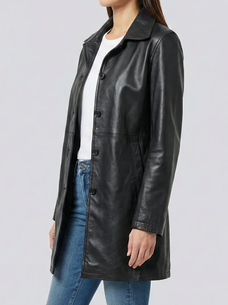 Women’s Black 3/4 Length Lambskin Leather Car Coat