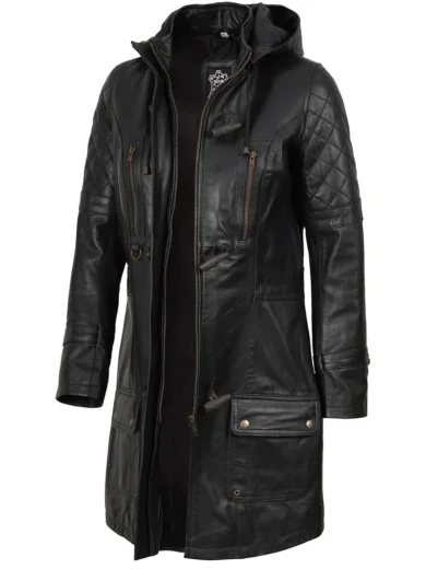 Women’s 3/4 Length Black Leather Coat With hood
