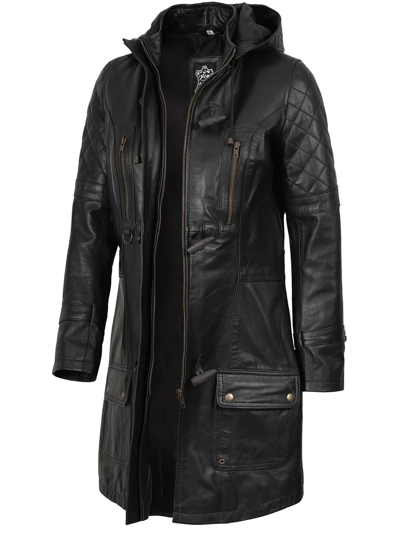 Women’s 3/4 Length Black Leather Coat With hood