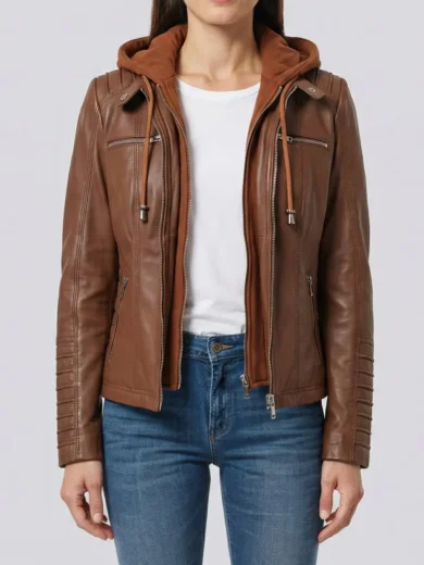 Women's Cognac Brown Leather Jacket With Removable Hood