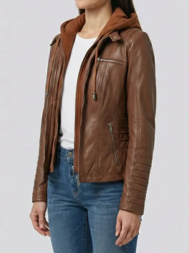 Women's Cognac Brown Leather Jacket With Removable Hood