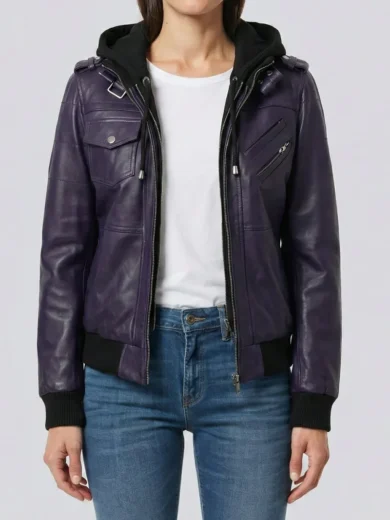 Women's Purple Real Leather Jacket with Removable Hood