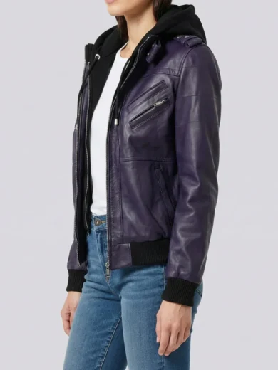 Women's Purple Real Leather Jacket with Removable Hood