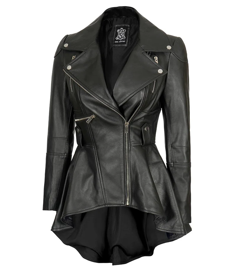 Women’s Asymmetrical Black Leather Jacket | Peplum Style