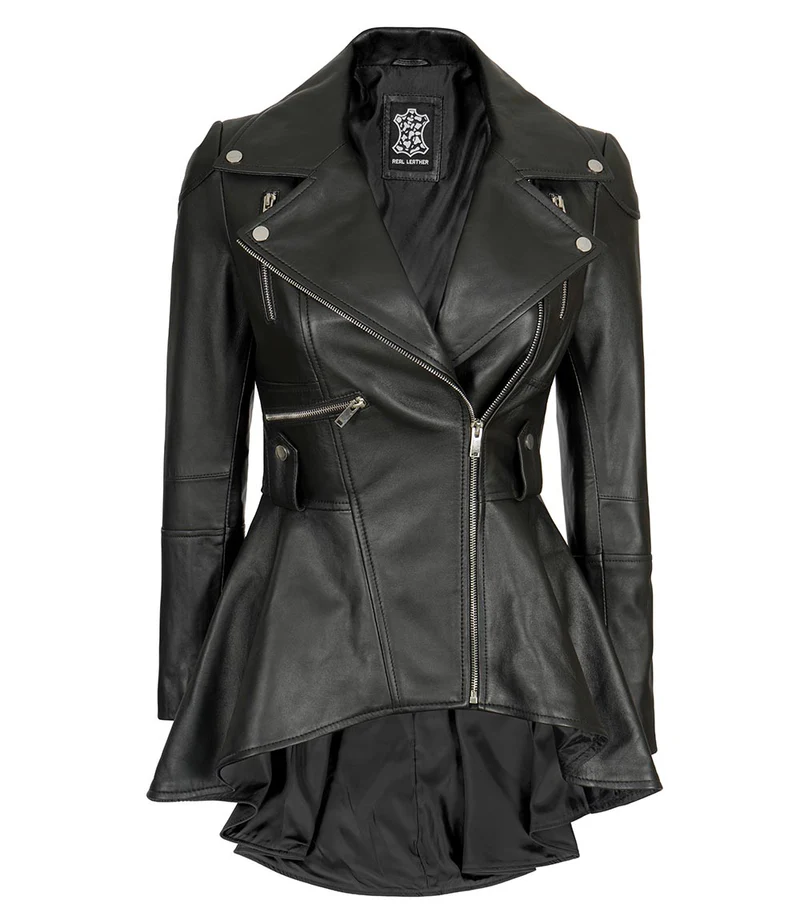 Women’s Asymmetrical Black Leather Jacket | Peplum Style
