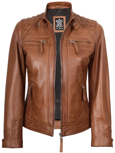 Women's Cafe Racer Style Tan Brown Leather Jacket