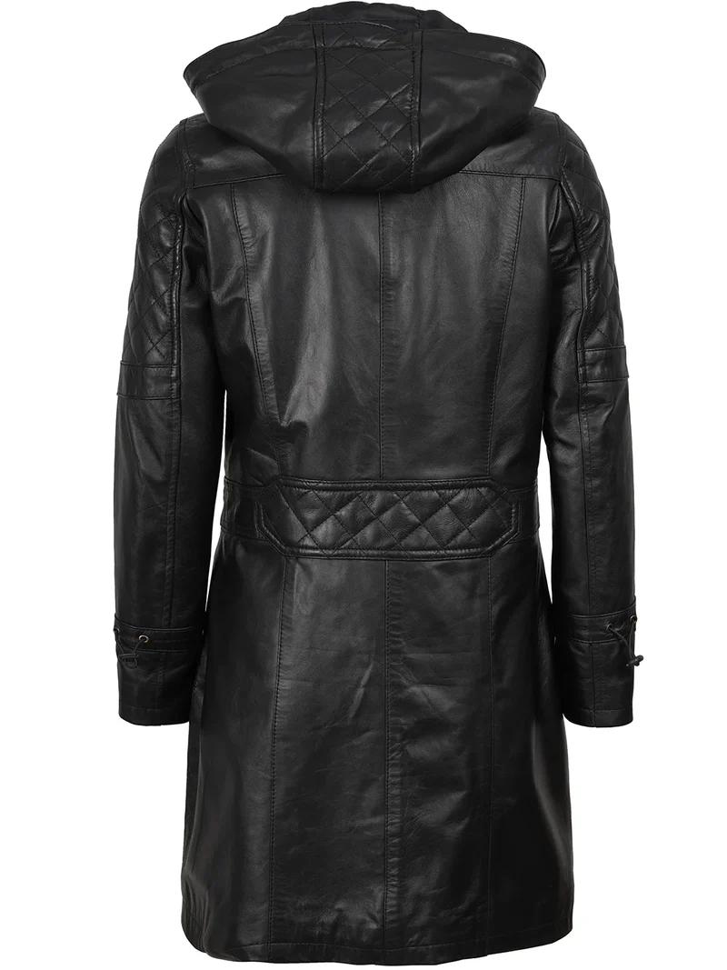 Women’s 3/4 Length Black Leather Coat With hood