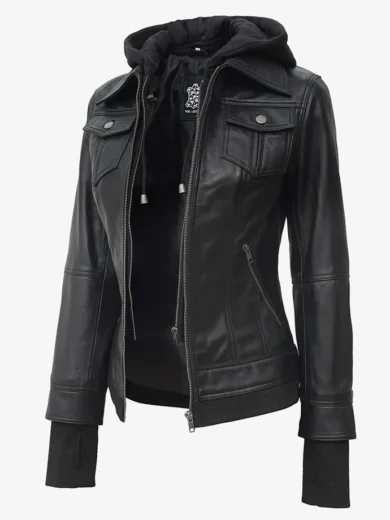 Real Leather Womens Black Bomber Jacket with Removable Hood