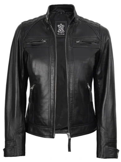 Johnson Women Black Quilted Biker Style Leather Jacket