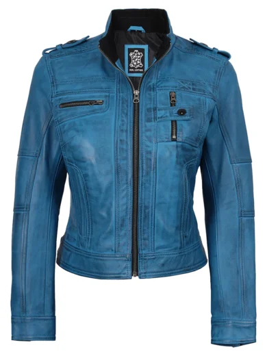 Tavares Womens Vivid Blue Biker Style Leather Jacket