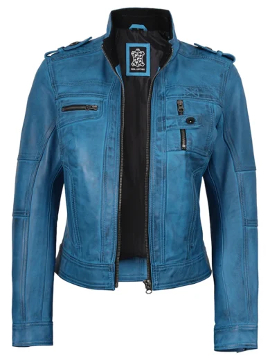 Tavares Womens Vivid Blue Biker Style Leather Jacket