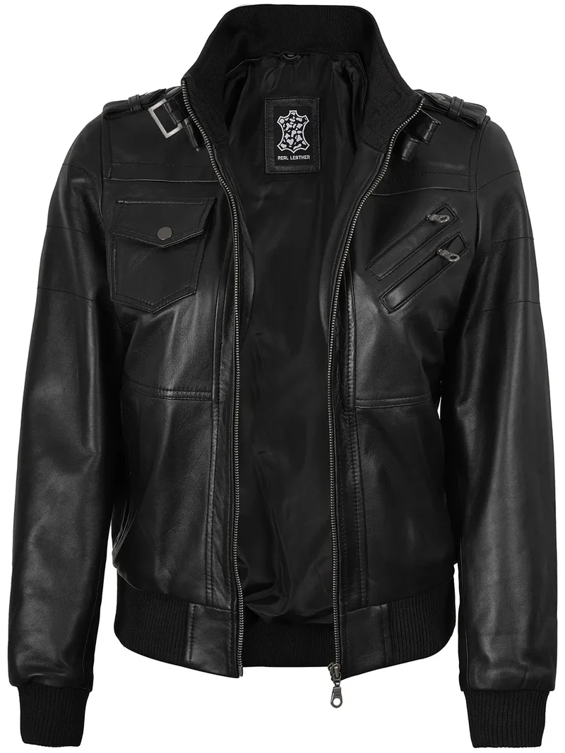 Women's Black Bomber Real Leather Jacket with Removable Hood