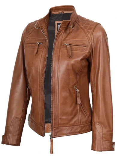 Women's Cafe Racer Style Tan Brown Leather Jacket