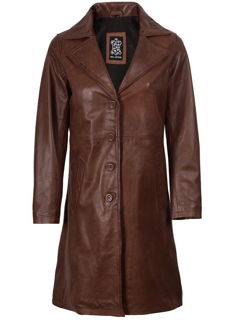 Women's Cognac Brown 3/4 Length Real Leather Coat