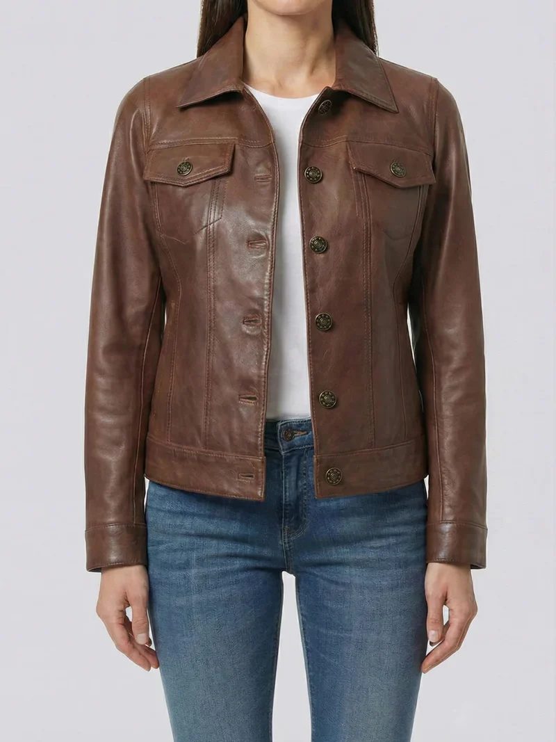 Fernando Womens Cognac Brown Leather Trucker Jacket
