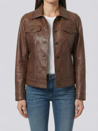 Fernando Womens Cognac Brown Leather Trucker Jacket